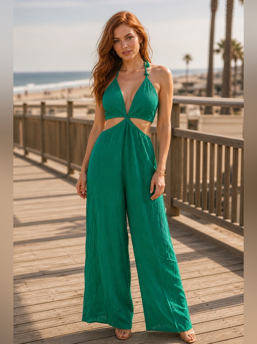 Olivaceous Emerald Green Cutout Halter Jumpsuit